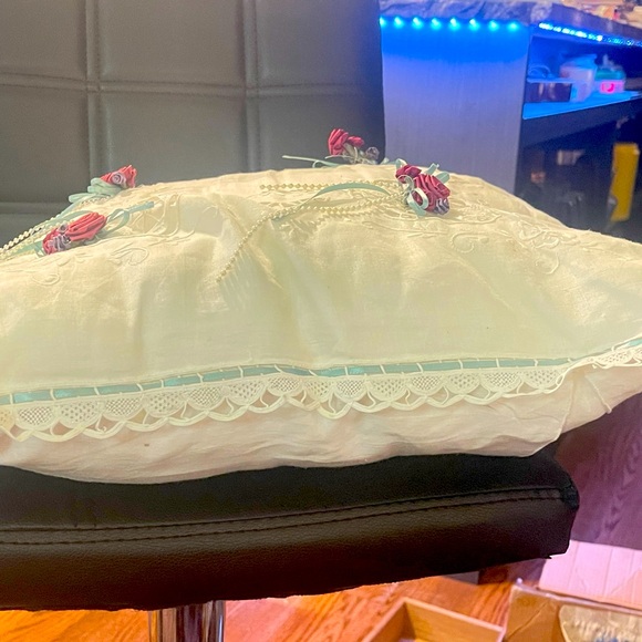 Vintage Victorian Throw Pillow With Roses, Lace & Pearls - Picture 3 of 6